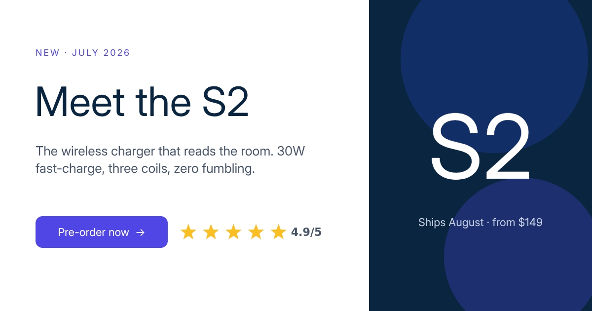 A product launch card: a navy panel reading S2, the headline "Meet the S2", a pre-order button and a 4.9 out of 5 star rating