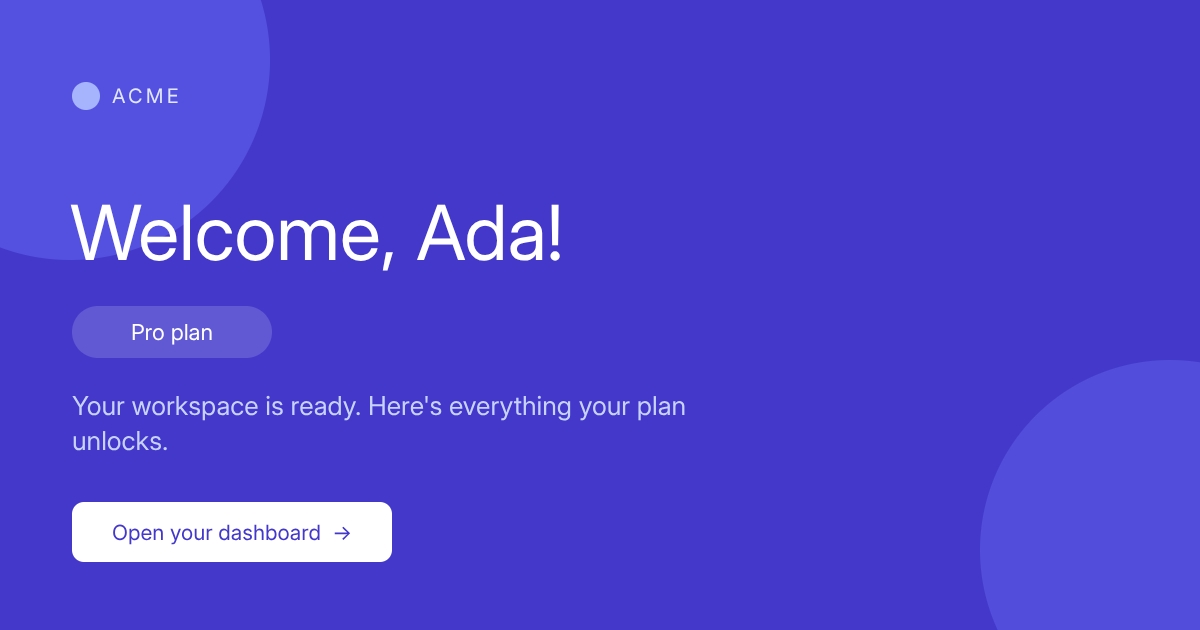 Onboarding card reading "Welcome, Ada!" with a Pro plan badge on an indigo background