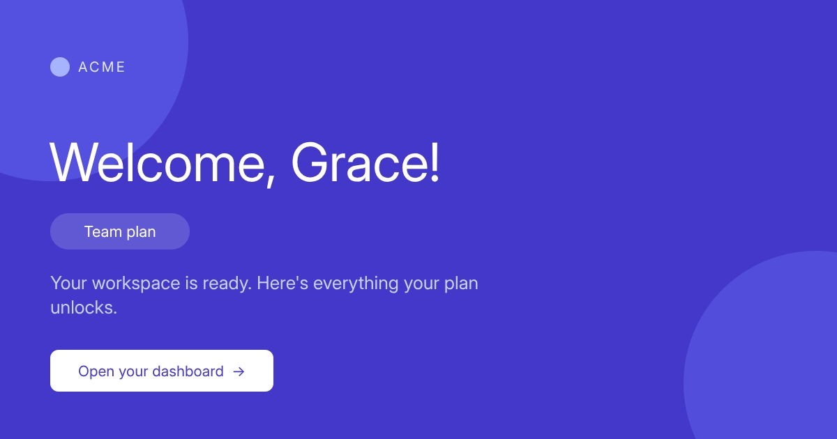 Onboarding card reading "Welcome, Grace!" with a Team plan badge on an indigo background